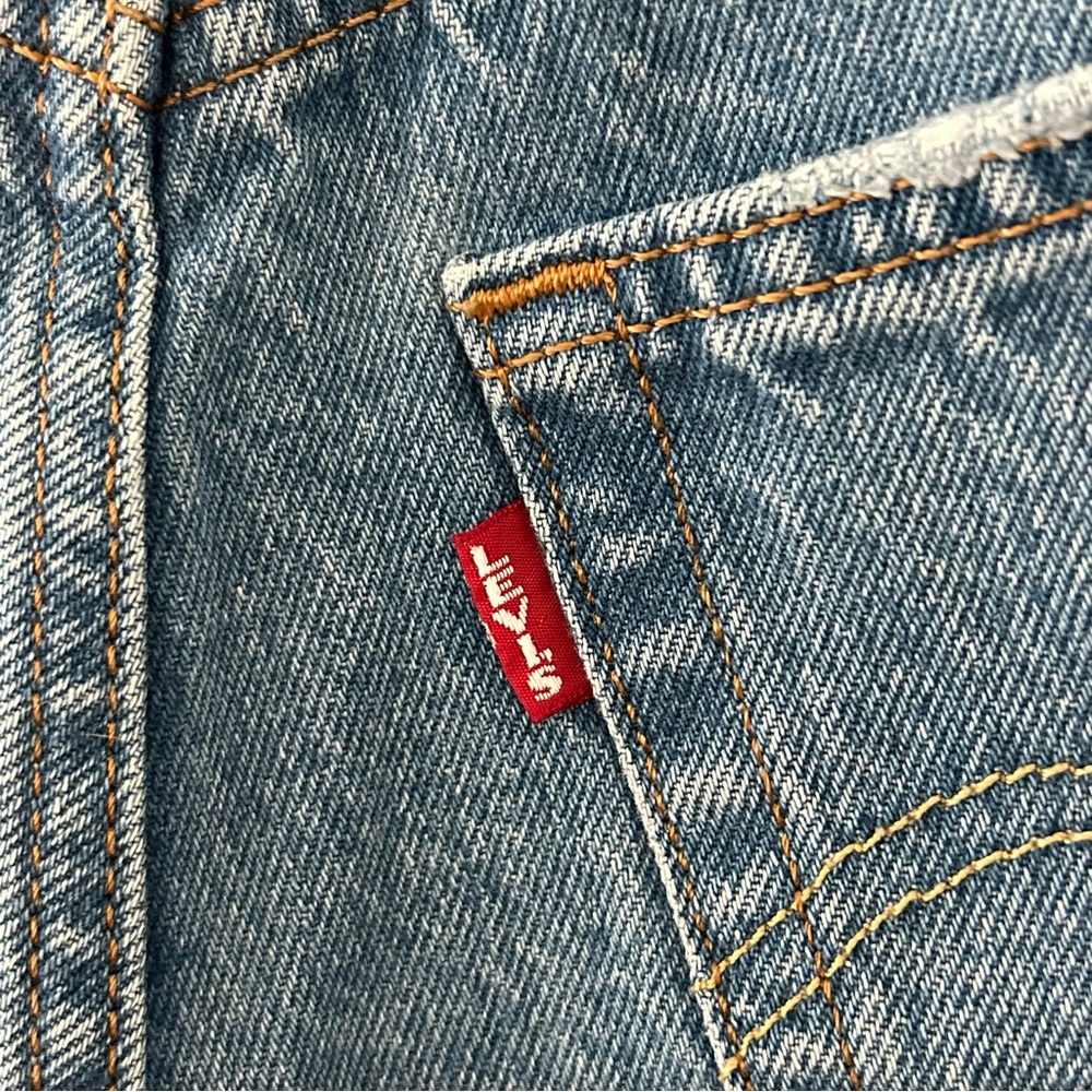 Levis Premium 501 Big E Distressed Button Fly Denim Cut-Off Blue Jean Shorts 27 - Picture 3 of 12